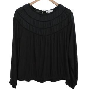 Calligraphie Womens Sz L Black Long Sleeve Blouse Pleated Neckline Elastic Hem